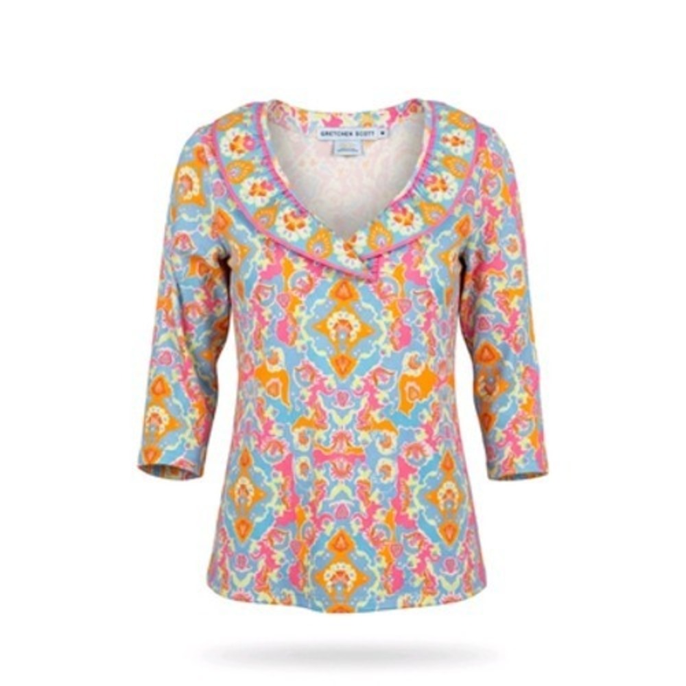 Gretchen Scott Tunic Top Women S Artsy Floral Ruffle Collar Boho Gypsy Trendy